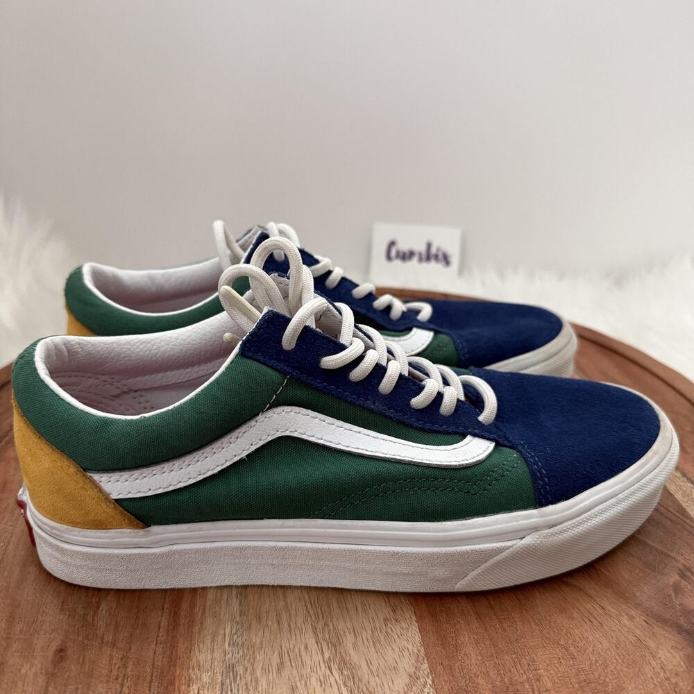 Vans Old Skool Shoes Mens Size 6 Womens 7.5 Blue Green Yellow Suede Canvas Skate